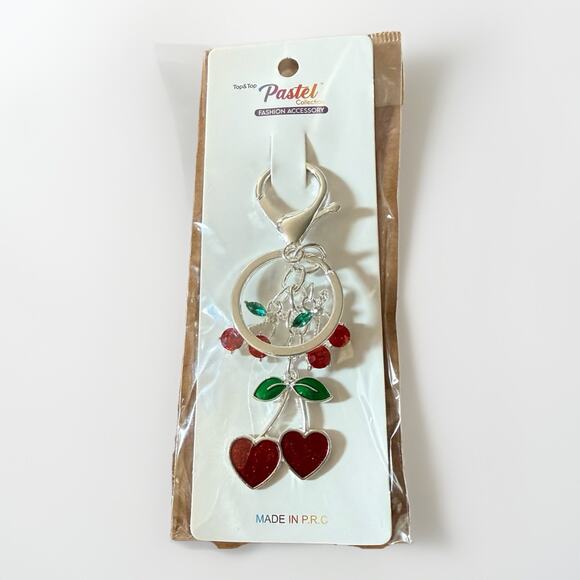 Cherry Heart Keychain in Gold or Silver Red & Green Dangle Charm New - Picture 3 of 4